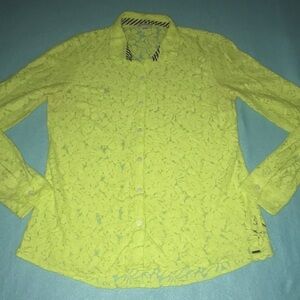 VOLCOM lace floral blouse chartreuse colored button up long sleeve NEW size S